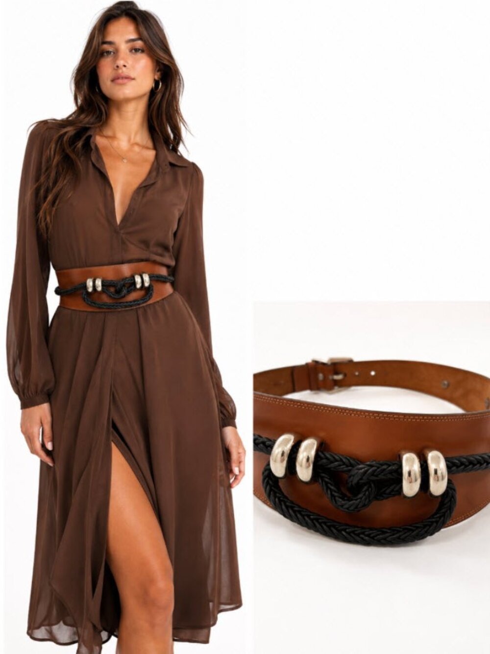 Doppia Vita Wide Brown Leather Waist Belt Braided Silver Buckle Size Small 95